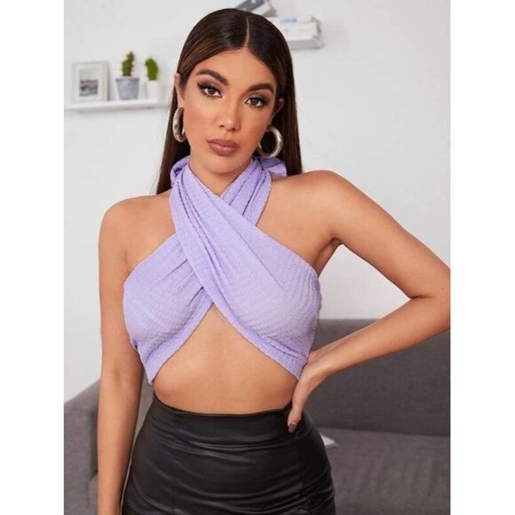 Women's Boho Cross Wrap Tie Back Crop Halter Top Lilac Large - Picture 4 of 7